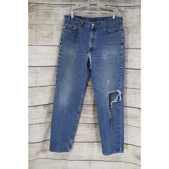 VINTAGE Levis Strauss Mens 550 Medium Wash Distressed Denim Jeans Sz 38x33 Red - Picture 1 of 13